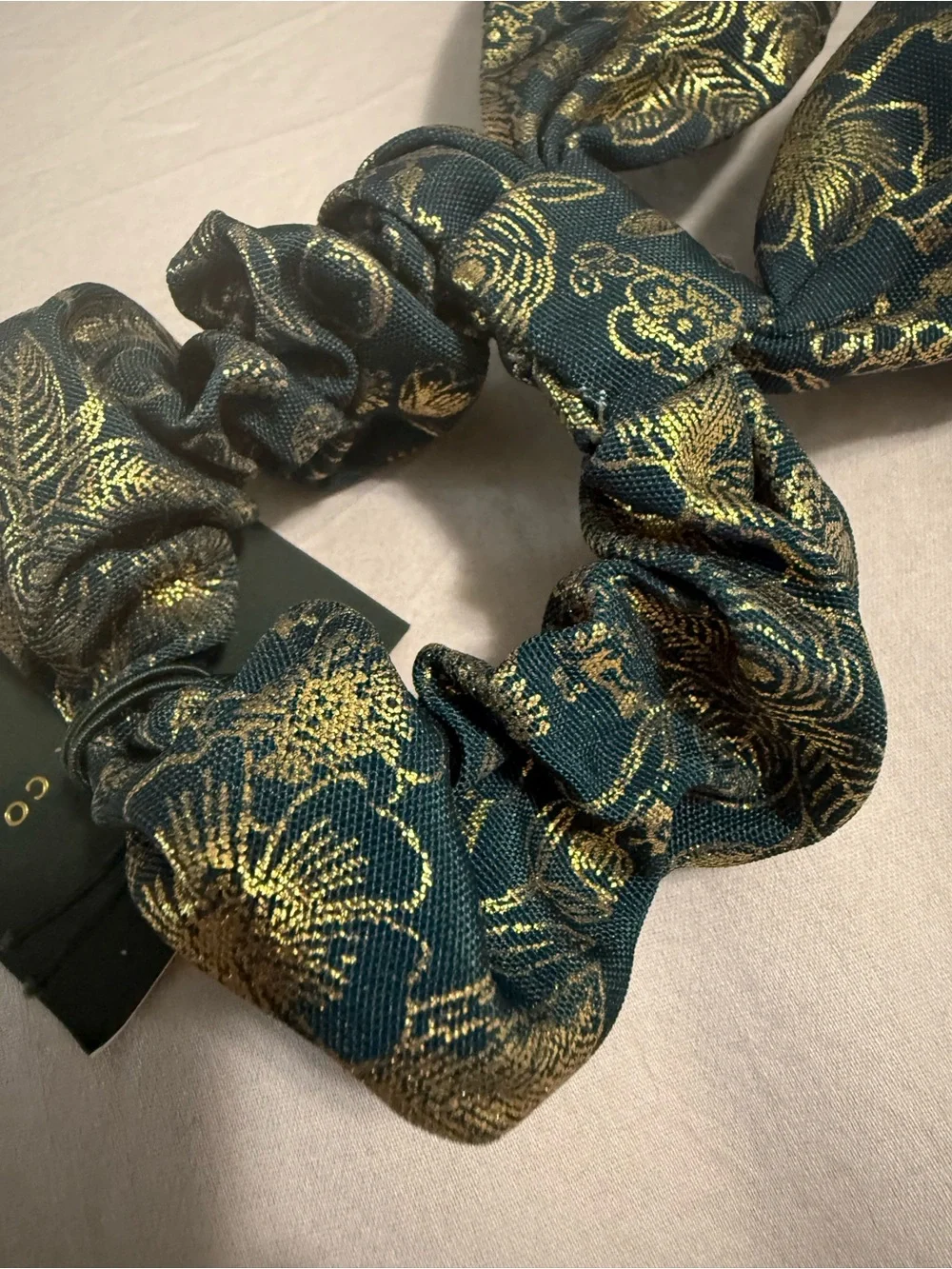 NWT Rifle Paper Co Hair Scrunchie / Bow Deep Green and Gold Floral